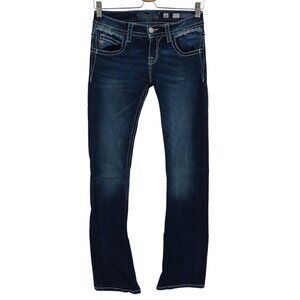 Miss Me Women 26 Signature Bootcut Boot Blue White Embroidered Seams Denim Jeans